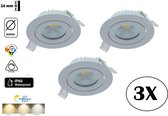 3 PACK - Inbouw LED Spot 6w Flat | 400 Lumen | CCT Switch (2700K/3000K/4000K) | Kantelbaar | IP65 | Dimbaar | CRI90 | Wit Armatuur | Gatmaat 68-72mm