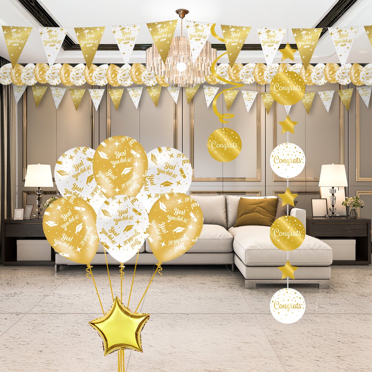 Q2P - You Did it Ballon - Geslaagd Versiering - Wit & Goud - Folie Ballon - Feest Decoratie - Helium Ballonnen - 6 Stuks — afbeelding 3