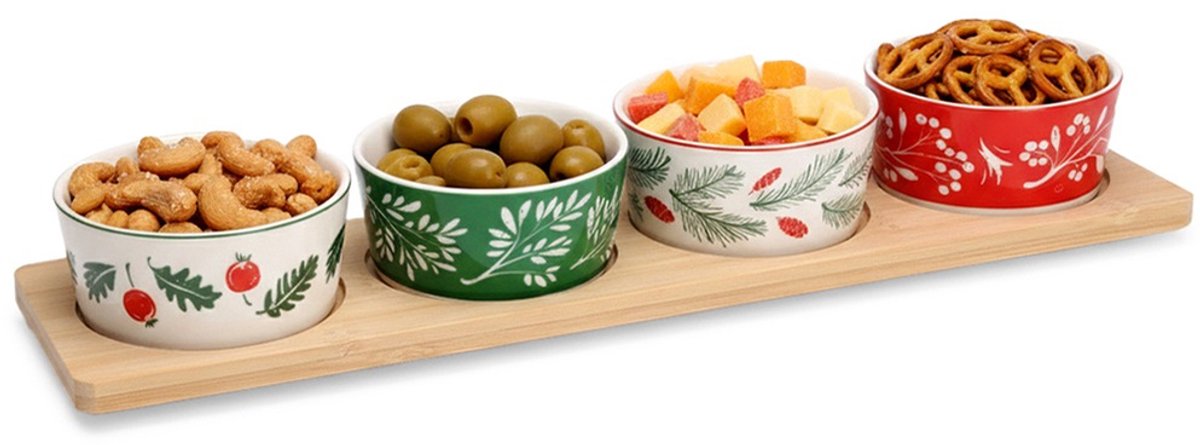 Snackkommen Porselein op Dienblad 5 delig - Snackkom - Dipschalen - Set - Kleine Komen voor Dipsauzen en Snacks