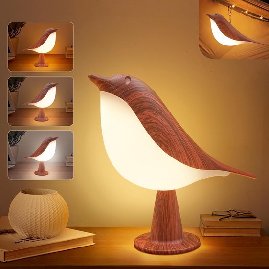 Foto: Houtkleur bureaulamp vogel lamp met 3 kleurtemperatuur en aanraaksensor draadloze kinderlamp met oplaadbare batterij voor slaapkamer nachtkastje nachtkastje auto decoratieve verlichting