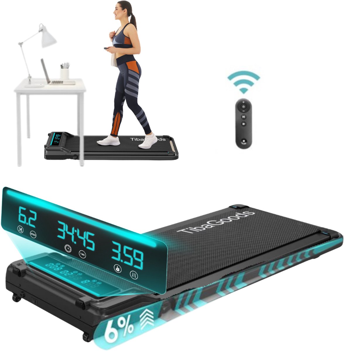 TibaGoods Loopband - 1 t/m 6 km/h - Walking pad - Hometrainer - Hellingsfunctie 6% - Treadmill - Wandelband voor onder het bureau - Sport - Hardlopen