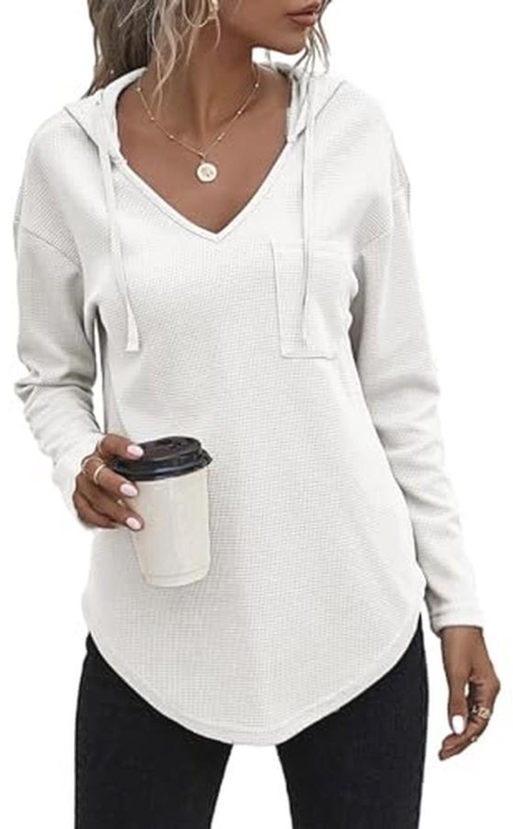 Dames Hoodie Lang Mouw V-Hals Sweatshirt Met Koord