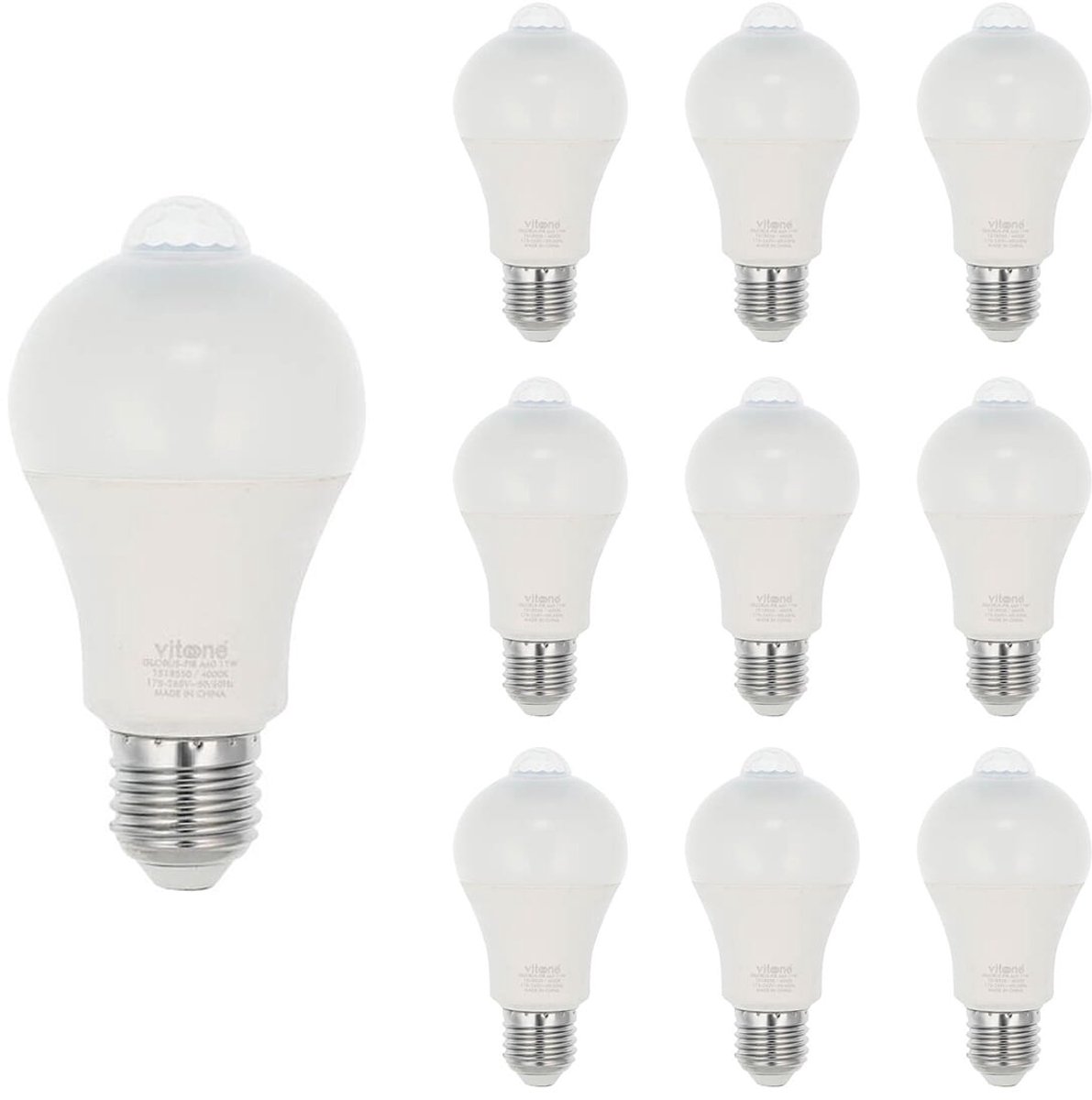 VITO LED Lamp met Bewegings sensor A60 E27 - 11W (vervangt 75W) - 1045lm - 4000K - Ø60mm - 175-260V - Energiezuinig - 10 stuks