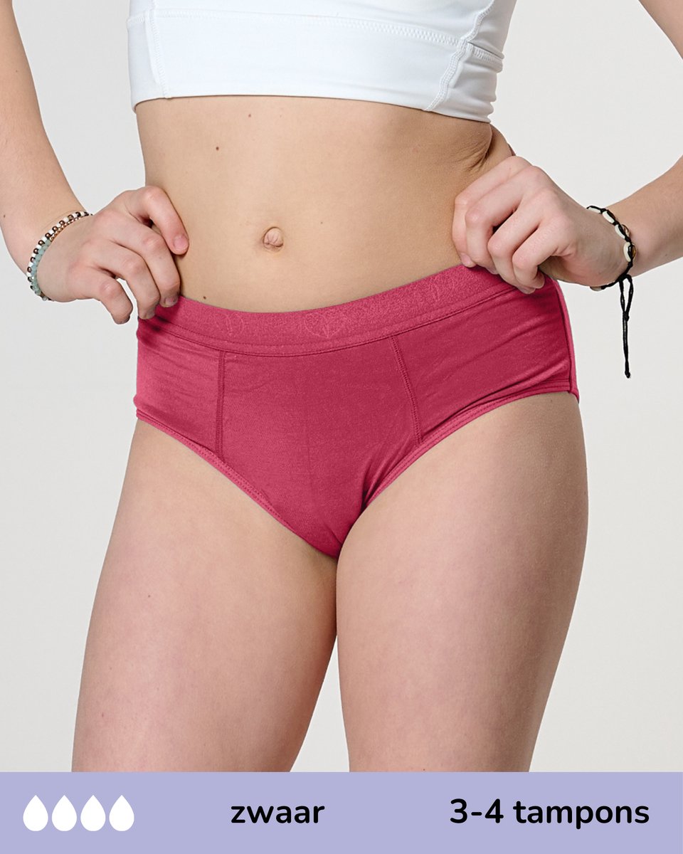 Moodies menstruatie ondergoed tiener - Bamboe Hipster - zwaar kruisje - maat 176-188 (M) - ruby roze