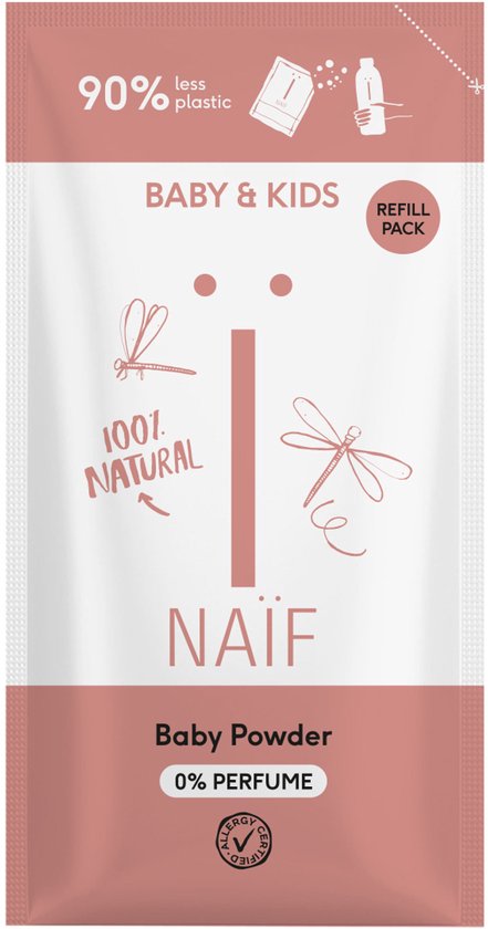 Navulverpakking Naïf Baby Poeder. 90% minder plastic. 100% natuurlijk. 0% parfum.