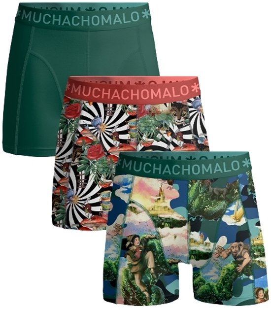 Drie Muchachomalo boxershorts met diverse prints: groen, rood met zwart/wit, en een sprookjesprint.