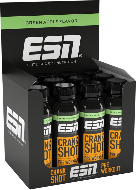 ESN Crank Shot – 12 x 95 ml – Green Apple – Pre-Workout Shot met L-Citrulline, Arginine en Cafeïne – Directe energie en focus voor training