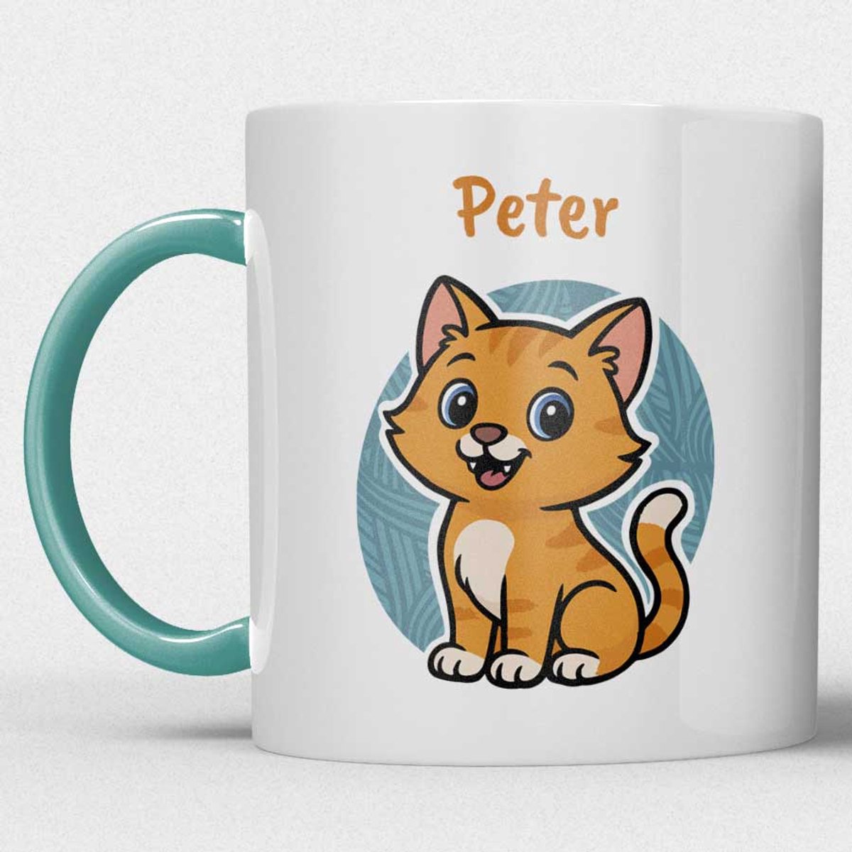 kindermok/kinderbeker | gepersonaliseerd met naam | met oranje kat | zeegroen blauw | Schattige illustraties