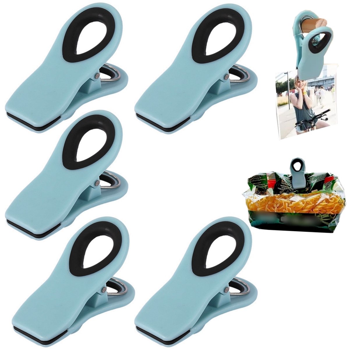 5 pack sluitklemmen, voedselzak klemmen, magnetische koelkastmagneten, haakklemmen, voedsel bewaar klemmen, geschikt voor snackzakken, foto's, koelkasten, broodzakken (7,5*4,6 cm, lichtblauw)