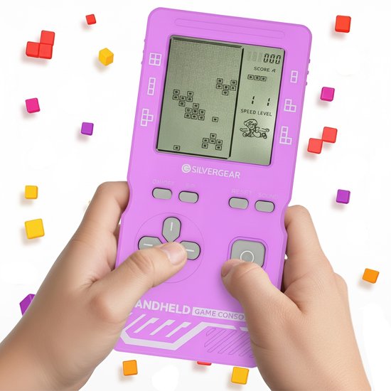 Foto: Silvergear retro spelcomputer blokkenspel 26 spelletjes speelgoed voor in de auto mini arcade game console voor kinderen puzzel speelgoed reisspelletjes voor kinderen cadeau voor jongens en meisjes vakantie 6 7 8 9 10 jaar paars