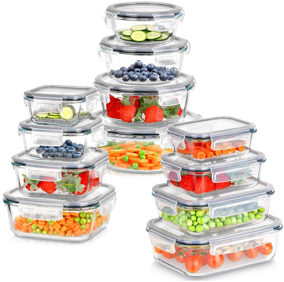 Voedselcontainers Glas met Deksel en Pakking 12 stuks - Vershoudbakjes - Diepvriesbakjes - Vershouden - Bakjes
