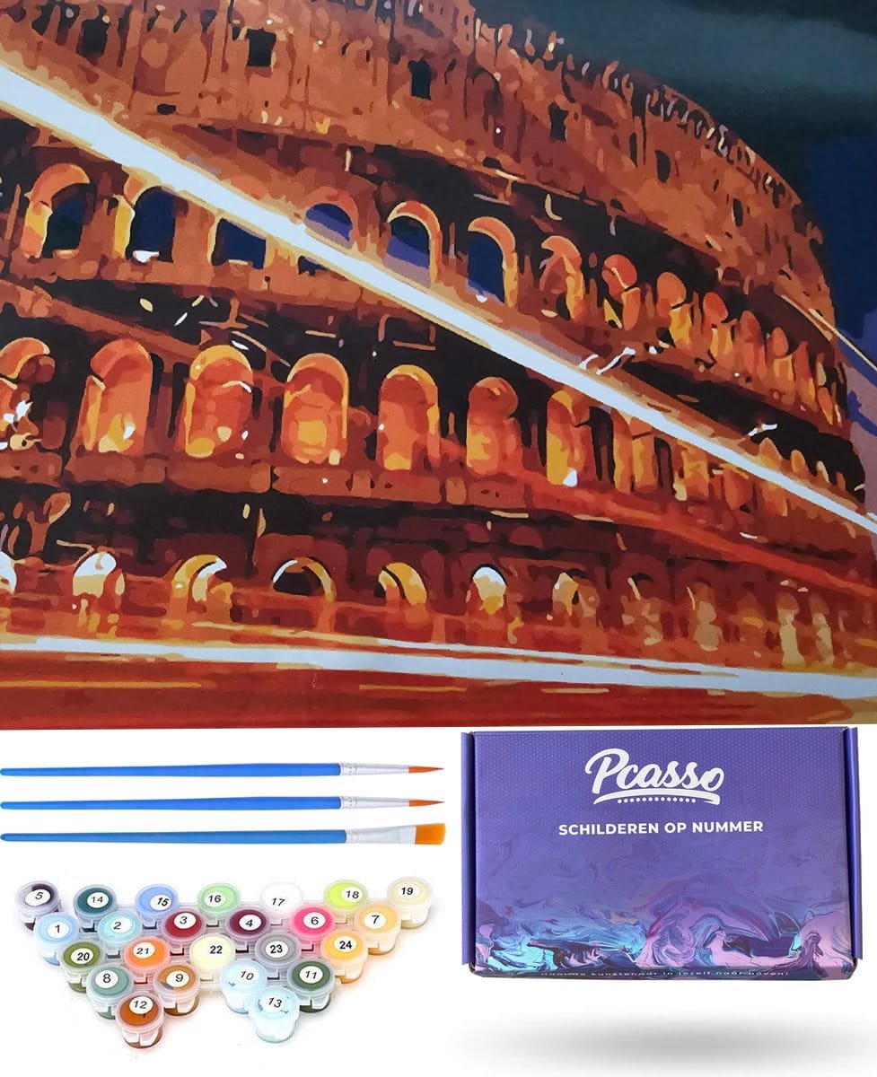 Pcasso ® Colosseum – Schilderen Op Nummer – Incl. 3 Ergonomische Penselen En Geschenkverpakking - Op Nummer Volwassenen & Kinderen – Canvas Schilderdoek – Kleuren Op Nummer - 40x50 cm