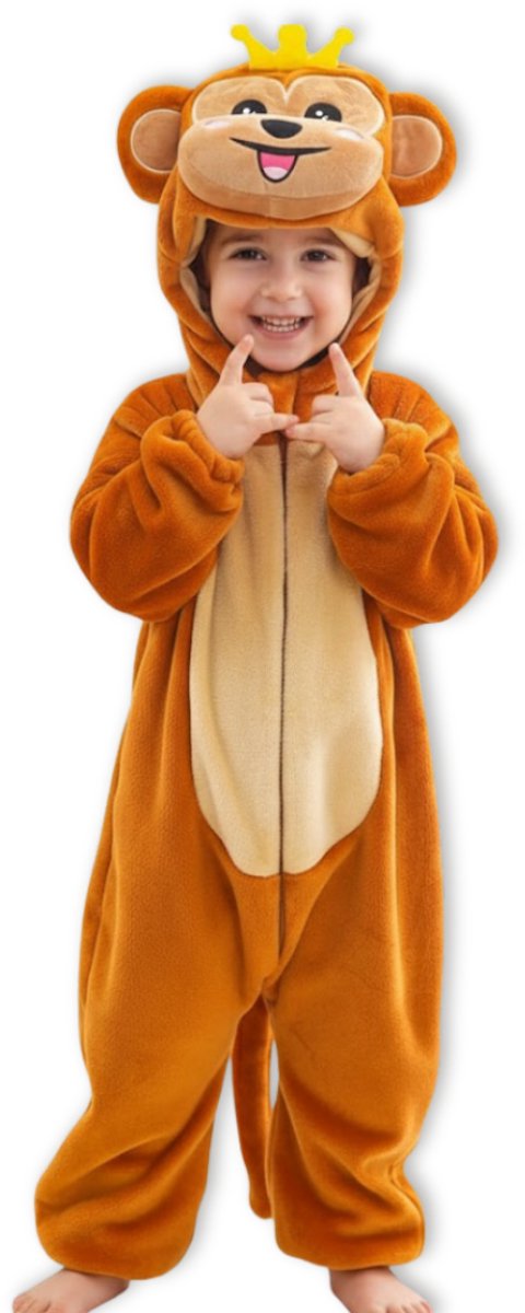 BoefieBoef Dieren Baby Onesie Peuter Pyjama Kinderen 6 maanden tot 2 jaar – Koning Aap – Verkleedkleding met Luierrits – Carnaval Dierenpak - Kerst en Kraamcadeau - Zacht Flanel - Romper - Boxpak - Jongens - Meisjes - Kruippak - Winterpak - Bruin