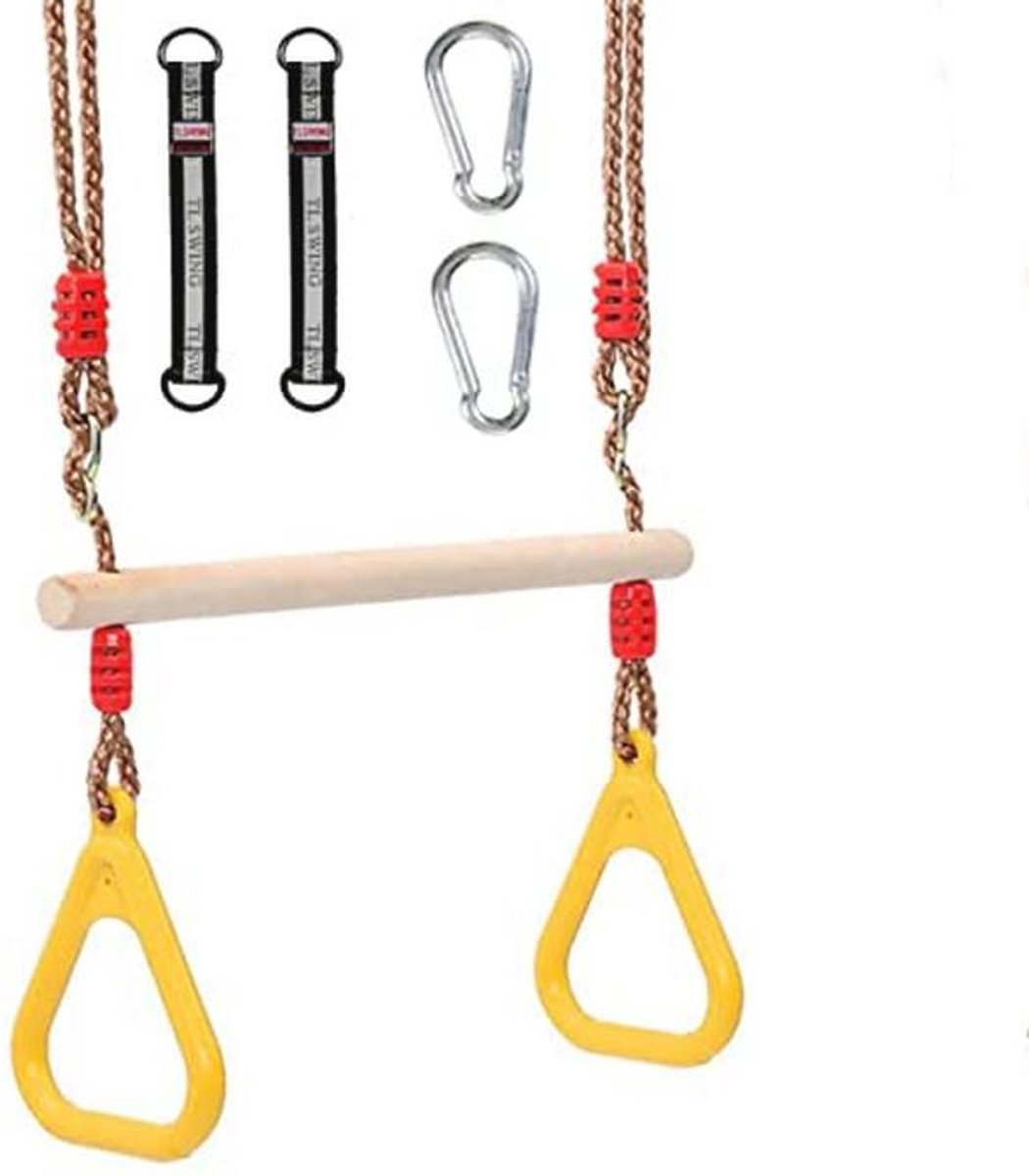 Multifunctionele Houten Trapeziumschommel met Turnringen voor Binnen en Buiten - Belastbaar tot 120 kg
