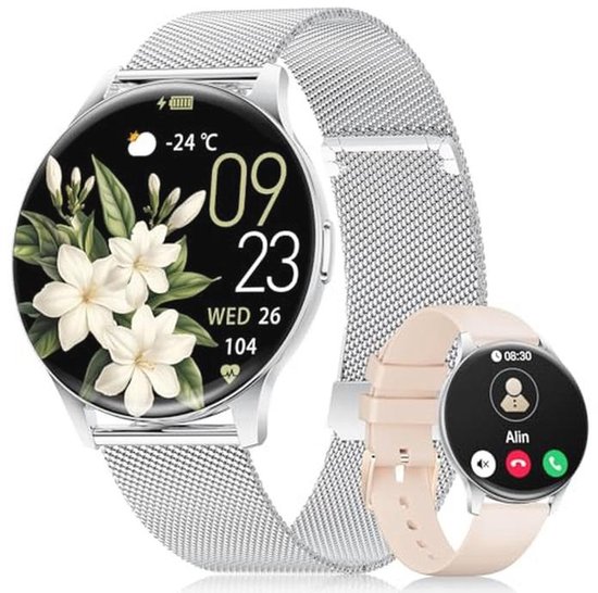 BOALZETD Smartwatch voor dames - elegantie in het kleintje met 1,19 inch AMOLED-display en smalle leren armband, fitnesshorloge met stappenteller, sportmodi, hartslag/SpO2/slaapmonitor voor iOS