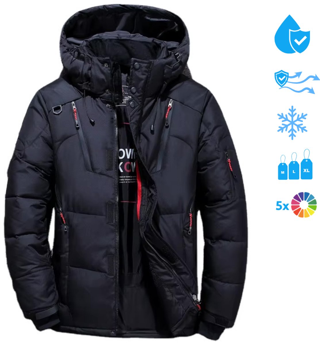 Heren Winterjas - Warme Gevoerde Pufferjas - Winddicht - Waterafstotend - Capuchon - Zwart - M