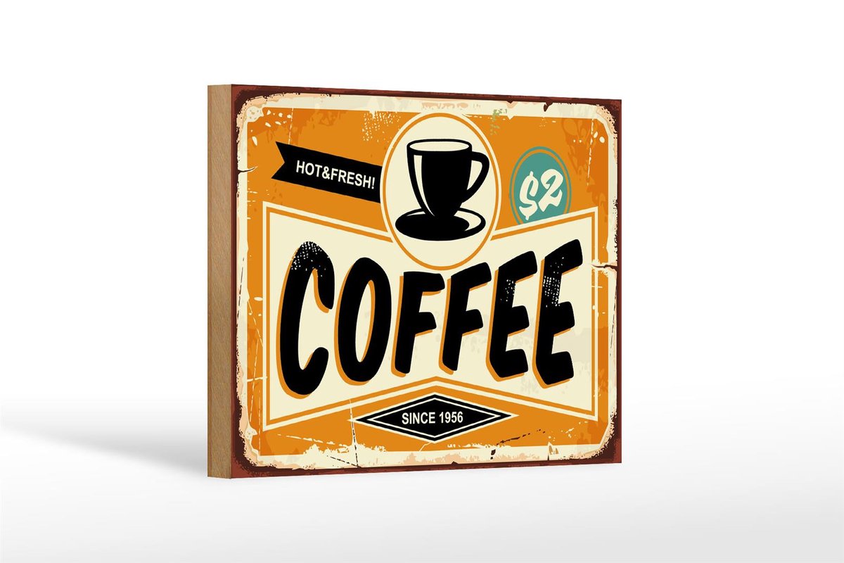 Femer Holzschild Retro 18x12cm Kaffee hot fresh Coffee Bruin