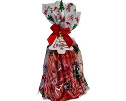 12 candy-canes in lux zakje met kaartje, strik en belletje kerstsnoep kerst-zuurstokken