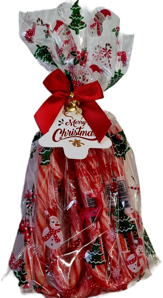 12 candy-canes in lux zakje met kaartje, strik en belletje kerstsnoep kerst-zuurstokken