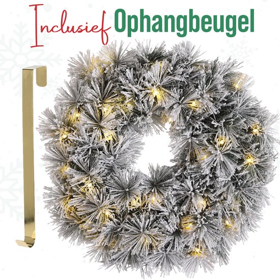 Meisterhome Sneeuw Kerstkrans van 50 cm - Inclusief Gouden Ophangbeugel en 35 Warmwitte LED's + Timer - Kerstkrans met Verlichting - Kerstkransen - met Lampjes voor Buiten - Kerst - Voordeur - Kerstkrans - Kerstguirlande