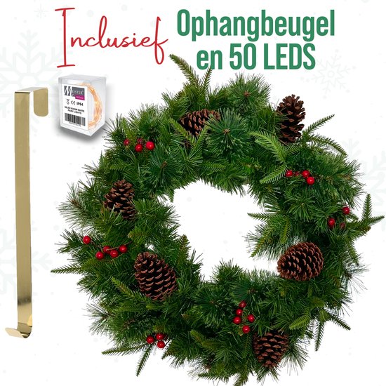 Meisterhome Kerstkrans: 50 cm Puur Kerstplezier - Inclusief Gratis Ophanghaak en 50 Gratis LED-lampjes kerstkrans met verlichting