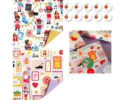 Product afbeelding van Sinterklaas Cadeaupapier Dubbelzijdig – Pieten Party & Sinterklaasfeest – 2 Rollen 70x200 cm + 10 Stickers | Inpakpapier