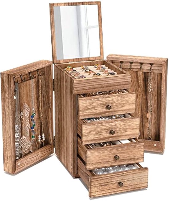 KEESUNG Houten Sieradenkistje met Cijferslot, Houten Sieradendoos van Hout met Spiegel, 5 Lagen 2 Uitklapbare Kasten, Kasten, Halsketting, Ring, Opbergdoos