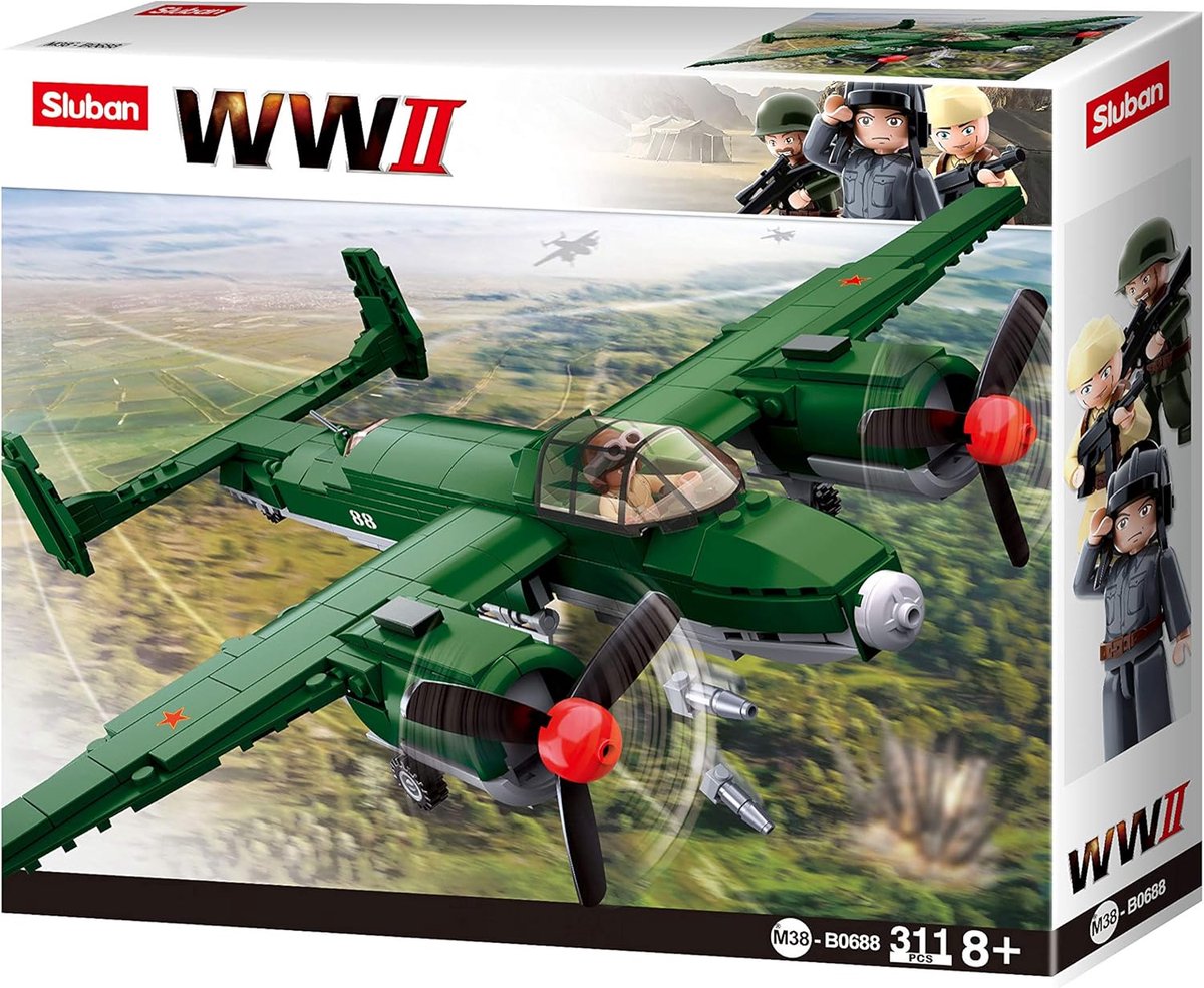 Sluban Army WWII Vliegtuig Tupolev TU-2 Bomber - Bouwspeelgoed vanaf 8 jaar - Constructiespeelgoed modelbouw - bouwdoos met 311 bouwstenen - M38-B0688 — afbeelding 2
