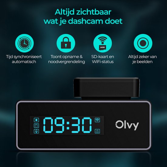 Dashcam met tijdssynchronisatie, opnamevergrendeling, SD-kaart- en wifi-status, en de tekst "Olvy".