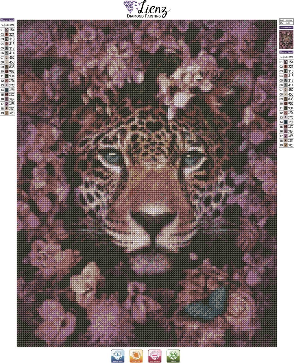 Lienz® Diamond Painting volwassenen 40x50cm – Rond - Panter en Bloemen – Volledig - Pakket Volwassenen — afbeelding 2