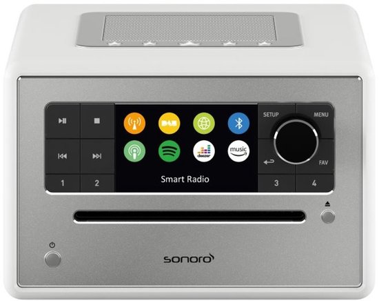 Witte Sonoro smart radio met CD-speler en display met app-iconen.