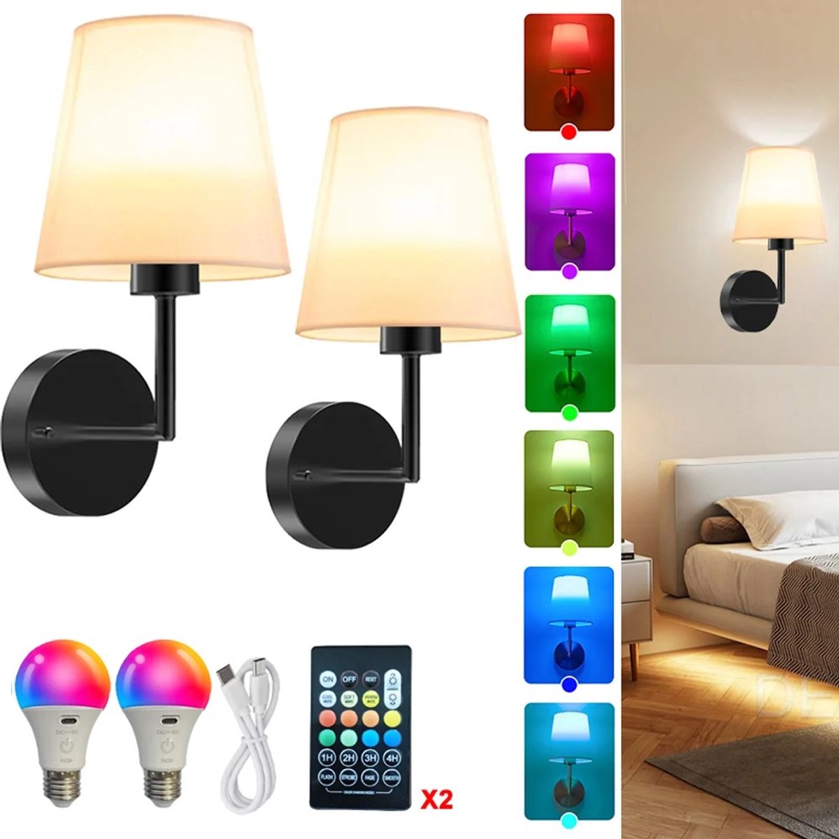 Je Huis, 2 Draadloze RGB Wandlamp – Oplaadbare LED Wandlamp met Afstandsbediening, Warm & Kleurverlichting – Moderne Nordic Muurlamp voor Slaapkamer, Gang & Woonkamer