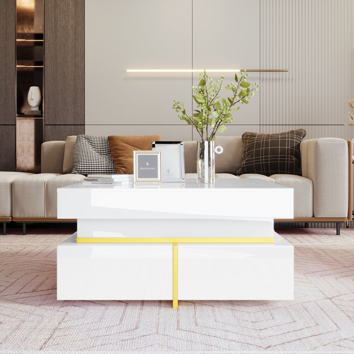 MODFU Hoge-glans salontafel met lade en gouden accenten, modern bijzettafel voor woonkamer Wit