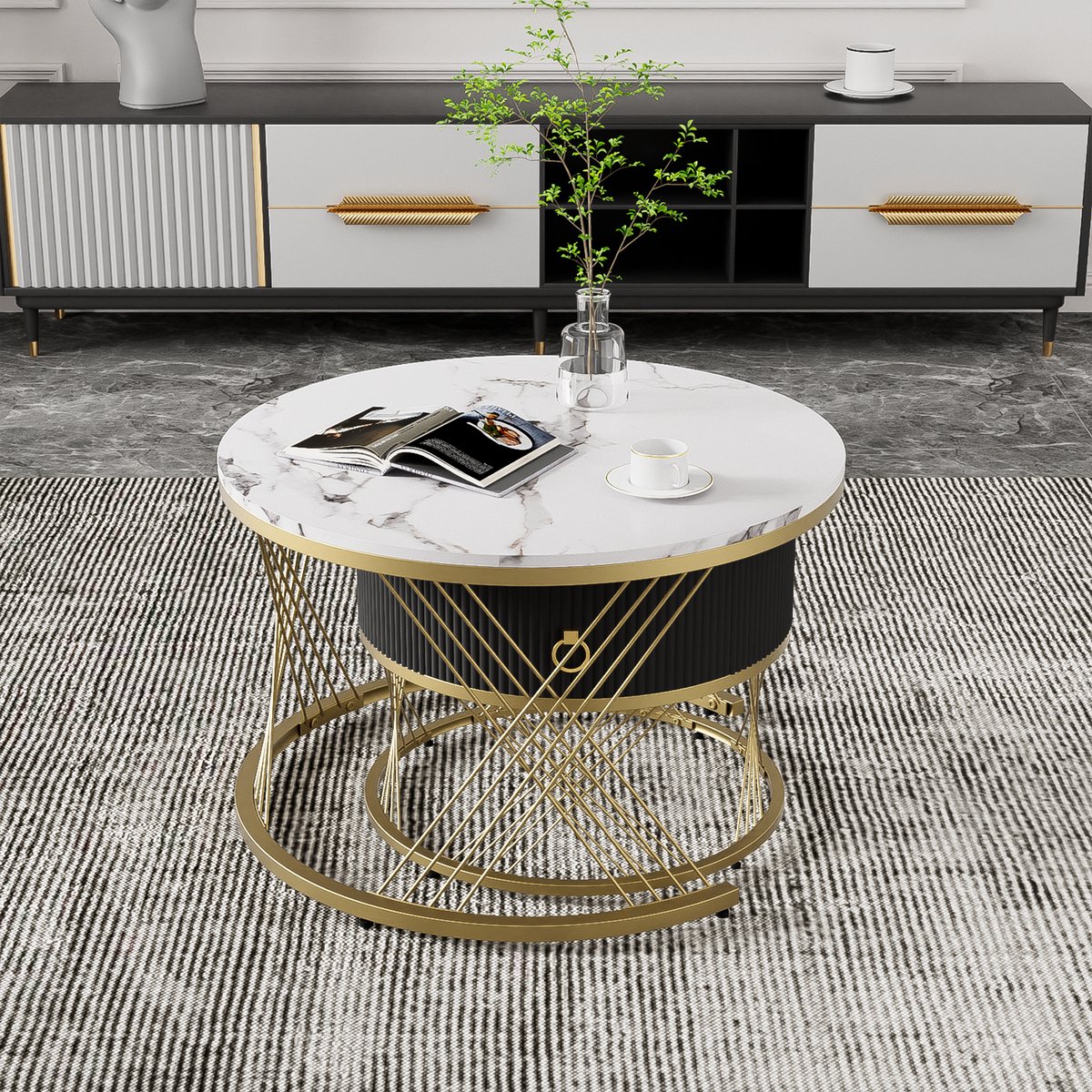 MODFU Elegante Salontafel Set 2 Stuks – Marmoroptiek, Gouden Decor, Bijzettafel met Lade – Verstelbaar en Modieus Design Wit