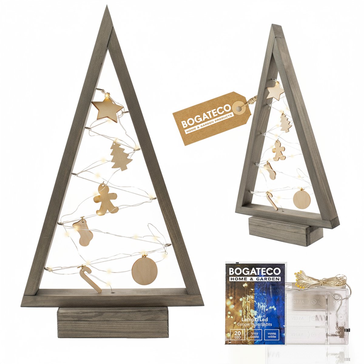 BOGATECO houten kerstboom met LED 52cm hoog | Inclusief houten decoratie | Kerstversiering | 20 LED | Grijs