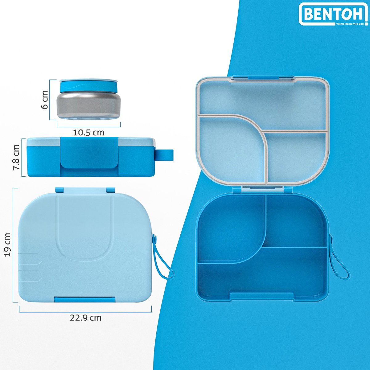 BentOH! Bento Box Kinderen & Volwassenen - Blauw – Lekvrije Lunchbox met Vakverdeling – Magnetron- & Vaatwasserbestendig – Inclusief lepelset — afbeelding 2