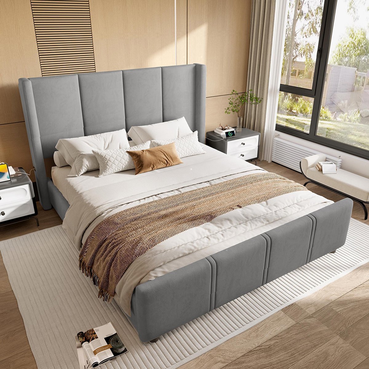 KOMHTOM Volwassenenbed 140 x 190 cm hoog hoofdeinde en voeteneinde gecertificeerde USB-poort combinatie van een ijzeren frame en een grijs houten blad