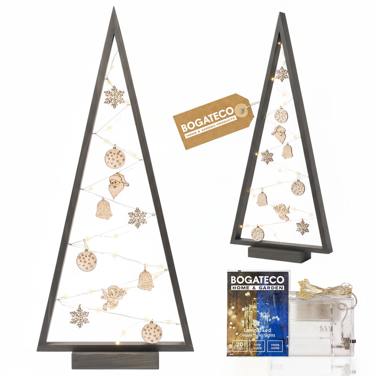 BOGATECO Kerstboom van hout met LED 104cm hoog grijs | Inclusief houten decoratie | Kerstversiering | 100 LED's | Grijs