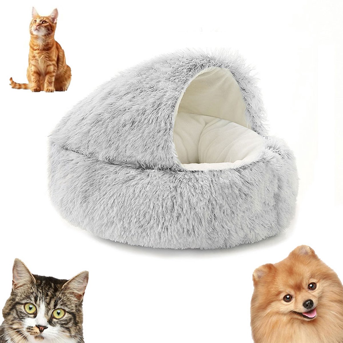 Grotkattenmand - Zacht pluchen huisdierbed - Grothondenbed - Huisdierbed ter verlichting van angst - Overdekt grotbed - Diameter 50 cm - Huisdierbed met antislipbodem - Geschikt voor kleine en middelgrote katten en honden - Grijs