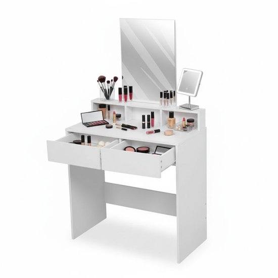 Coiffeuse Monza Home– Table de Maquillage avec miroir – 2 tiroirs – 3 compartiments ouverts