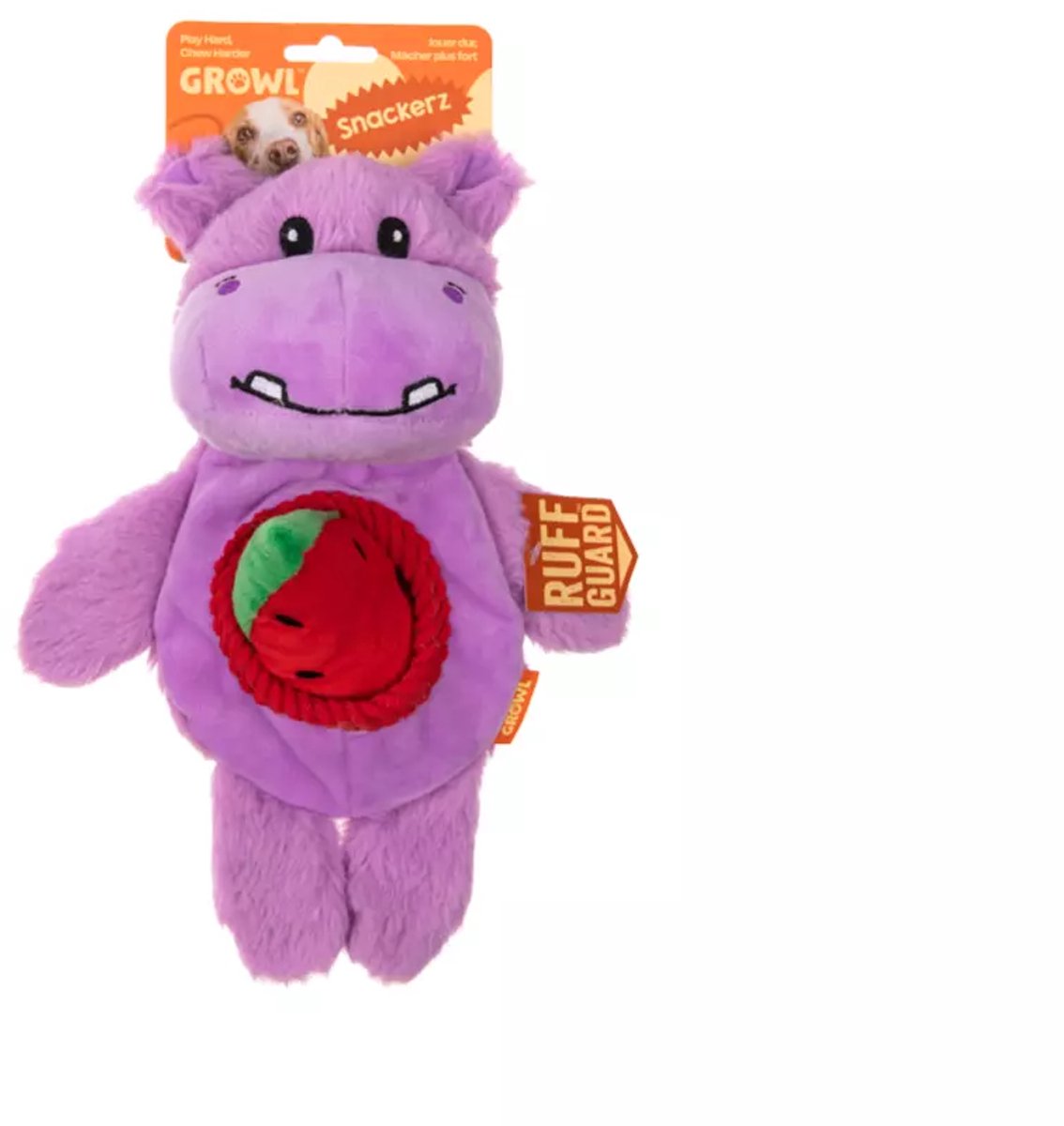 Growl Snackerz Hondenspeeltje met Pieper - Hondenknuffel met Snackspeeltje - Kauwspeelgoed en Trektouw voor Alle Honden - Hilda de Hippo