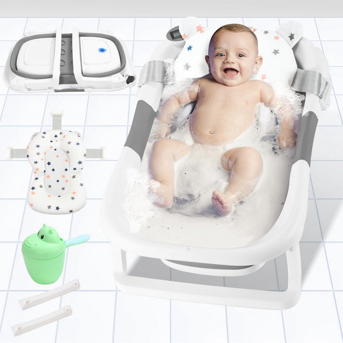Opvouwbare Babybadkuip voor Baby's tot 36 maanden met Thermometer en Badmat - Praktische en Veilige Badervaring thumbnail 5