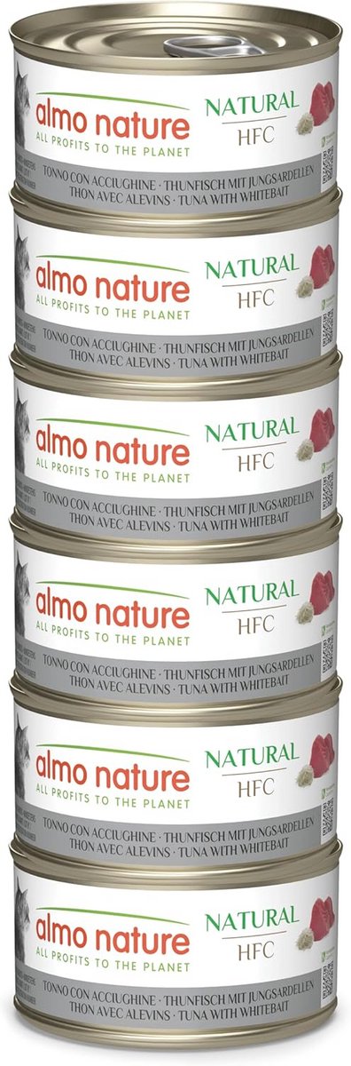 Almo Nature HFC Natural - Natvoer voor Volwassen Katten - Tonijn met Ansjovis - Human Grade, Glutenvrij - 70g, Pak van 6