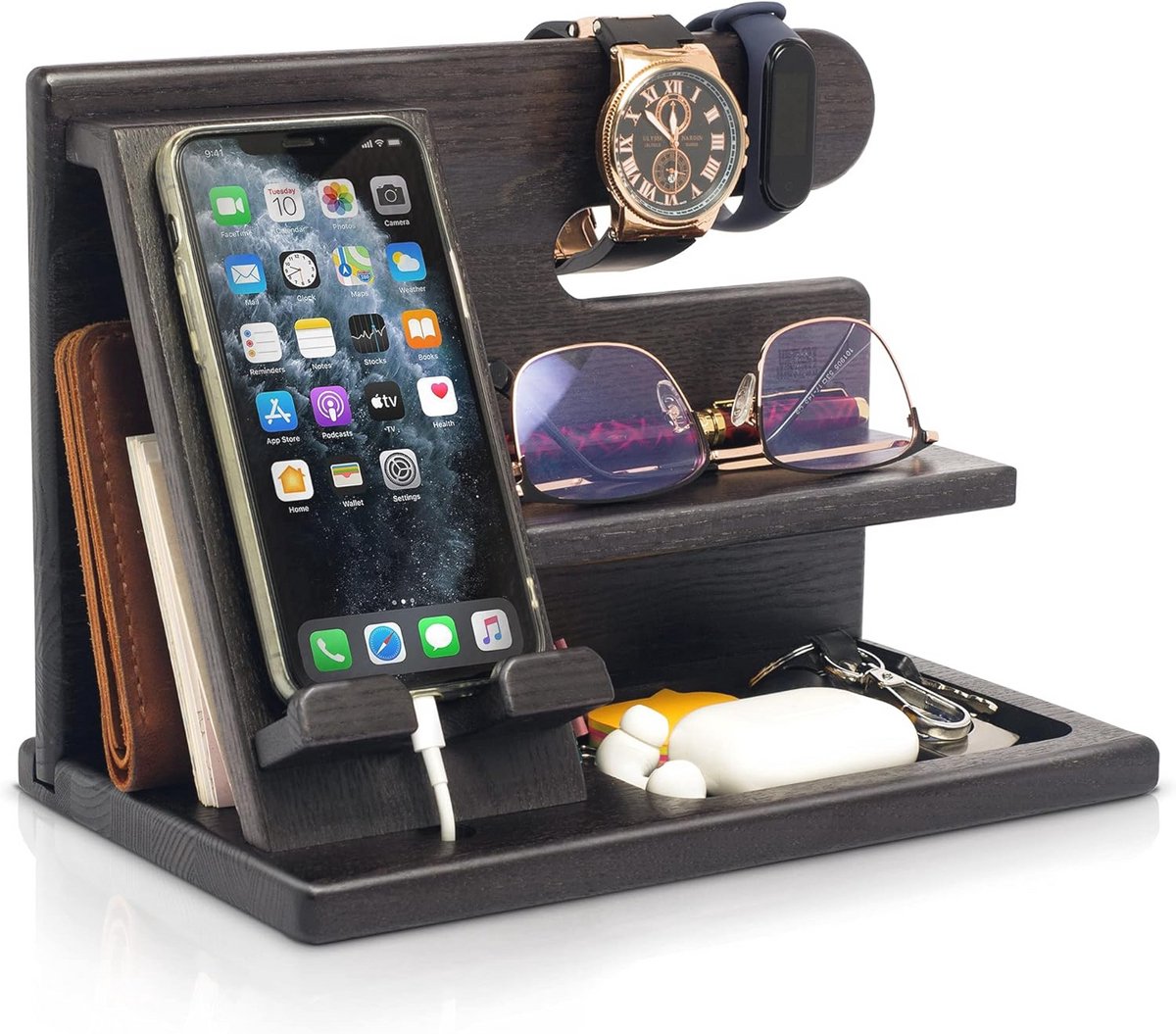 Houten Dockingstation en Organizer voor Smartphone, Sleutels en Horloge - Perfect Cadeau voor Mannen