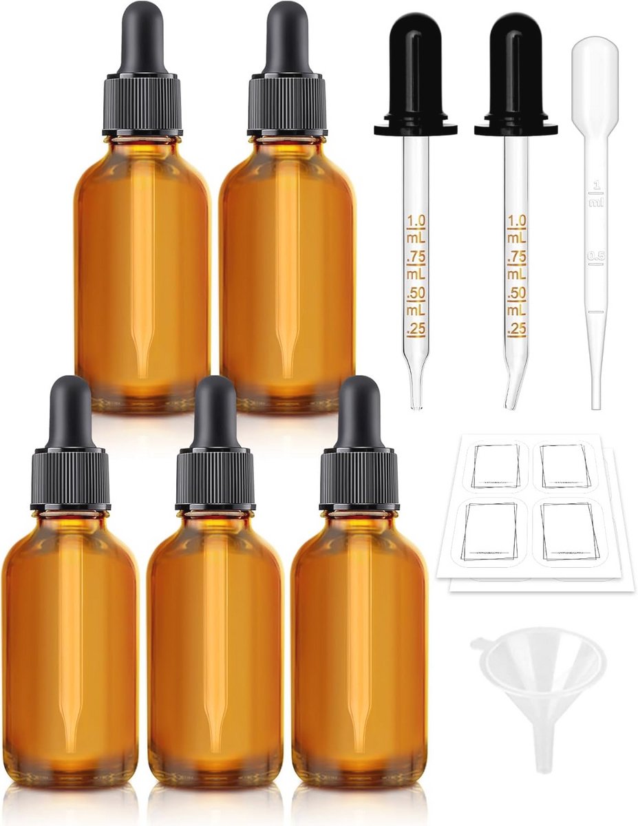 Amberkleurige glazen druppelflesjes met pipet en trechter - 6 stuks 30 ml
