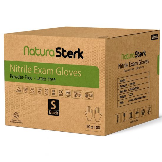 Gants jetables NaturaSterk - Gants en Nitril taille S - 3,5 g - Paquet de 10 x 100 pièces - Sans poudre - Sans latex - Non stériles - Zwart