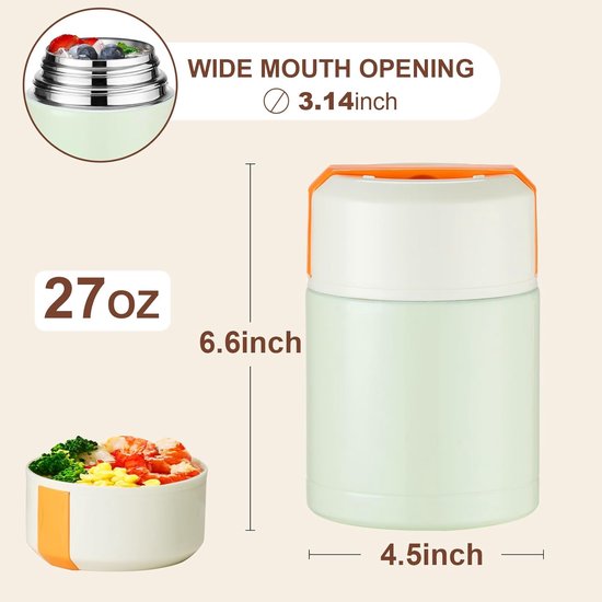 Soepthermo Voor Warme Maaltijden Volwassenen - 800ml Thermo Bentoboxen- Thermische Lunchbox Voor Warme Gerechten - VacuüMvoedselthermo Van Roestvrij Staal - Voedselcontainer - Voor Warme Gerechten Thermo-Bentoboxen Kantoor Werk Picknick(Groen) van Merkloos — afbeelding 2