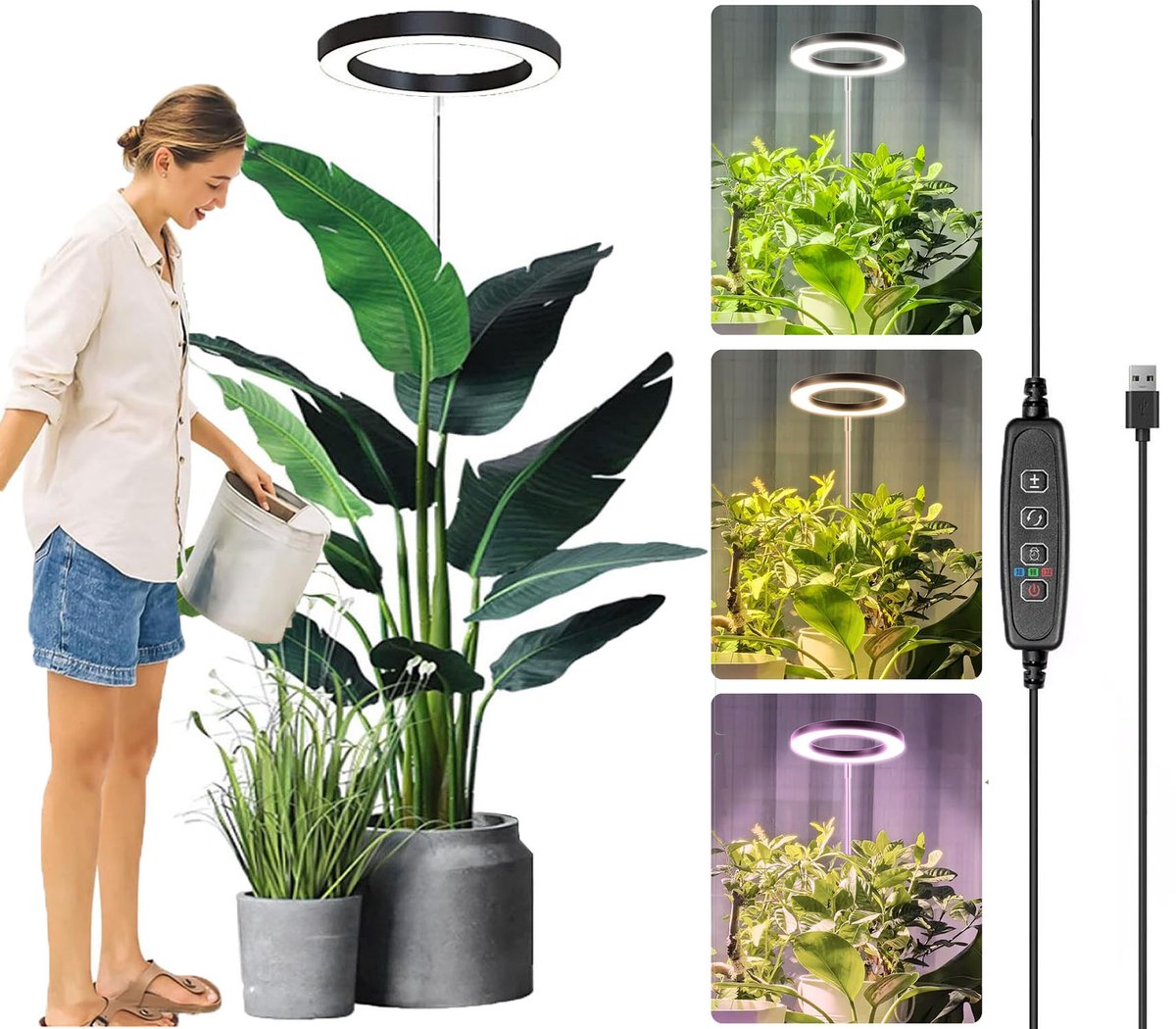 MUPOO groeilamp planten Zwart 72 LEDS - kweeklamp led full spectrum met Dimbare Helderheid -16cm ring-10-traps dimmen-verstelbaar (35-155cm)-Timer 3/9/12-Indoor planten lamp- LED verlichting
