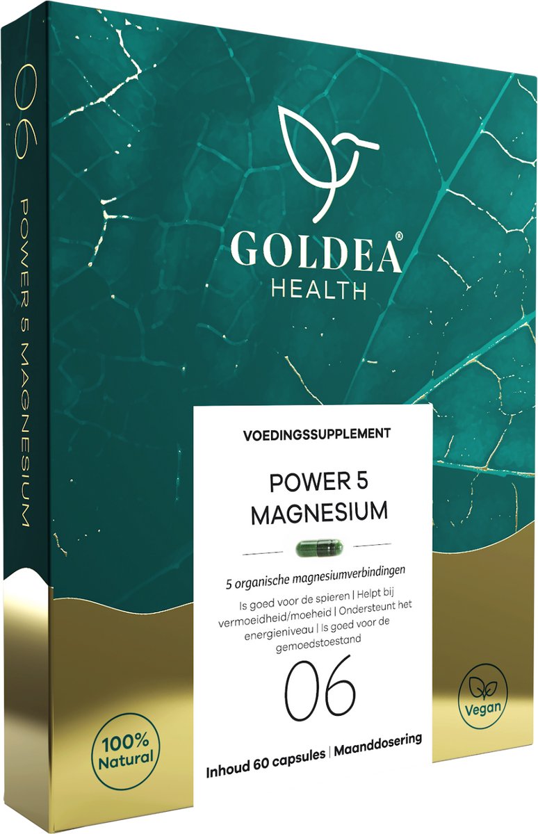 Goldea Health Power 5 Magnesium - Vegan - Voedingssupplement - Magnesium Bisglycinaat, Citraat, Malaat, Tauraat, Gluconaat - 60 capsules