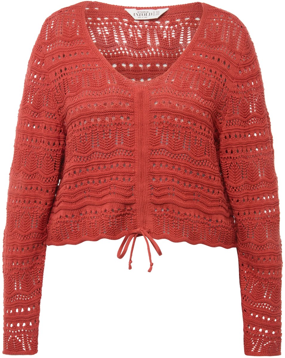 Studio Untold - Dames - Ajour trui loose fit rimpelband golvende zoom - Baksteenrood - Maat 50+